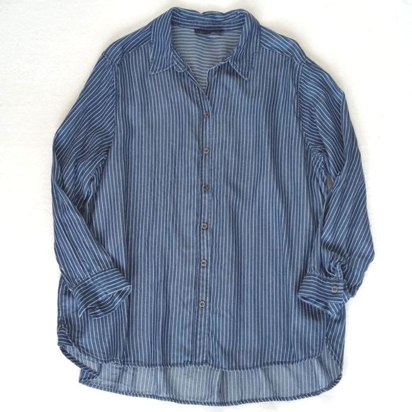 Jane + Delancey Blue White Pinstripe Long Sleeve Button Down Boyfriend Shirt 1X - Picture 10 of 14